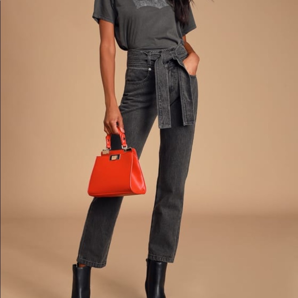 LULU’s GREY SELF TIE HIGH WAISTED JEANS